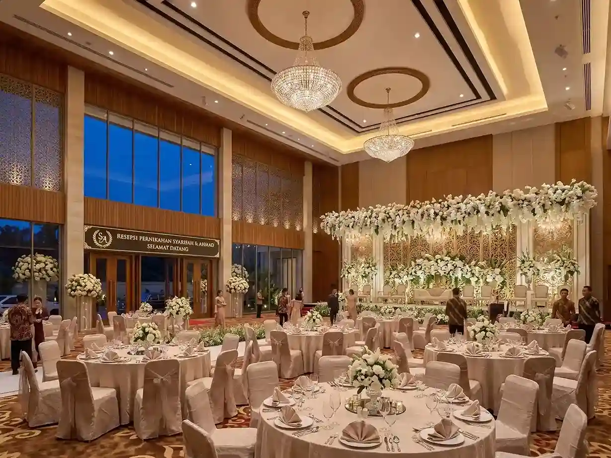 Interior ballroom dengan dekorasi pernikahan
